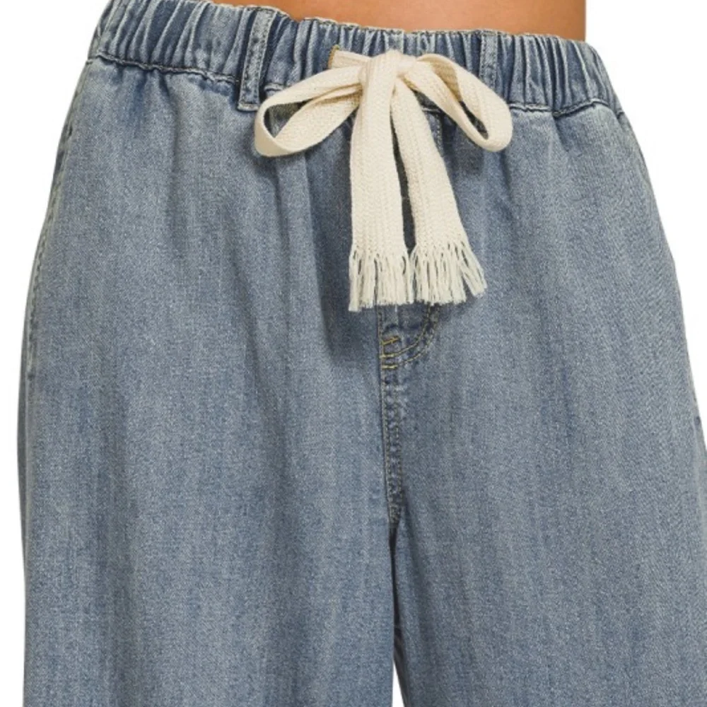Zenana Wide Leg Denim Pants Drawstring Elastic Waist High Rise Medium NWT - Picture 3 of 13